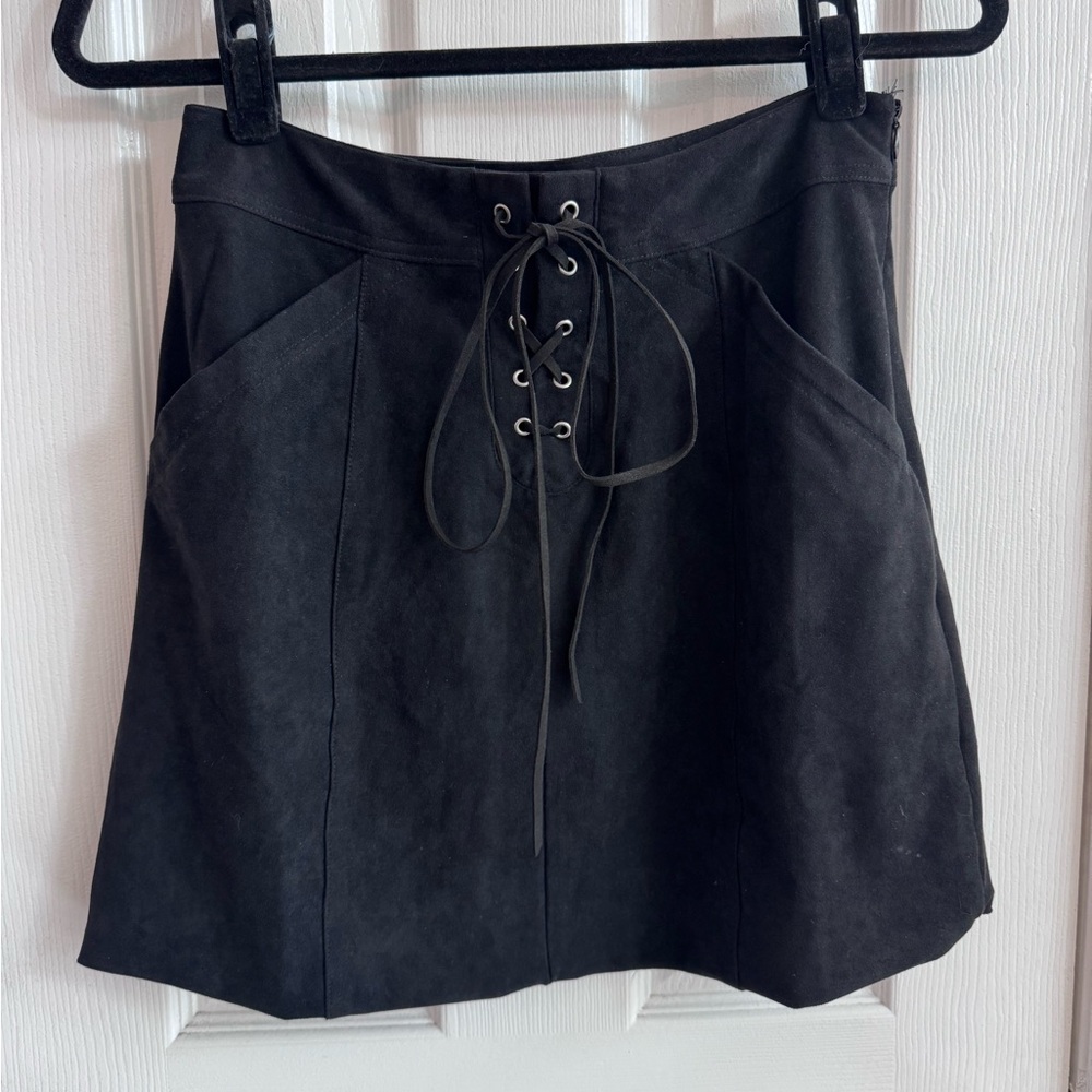 SAGE THE LABEL Faux Suede Lace Up A-line Skirt Black Size Small
